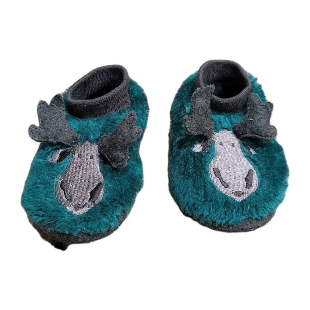 LL Bean Toddler Moose Antlers Slippers Size 5-6 Green Animal Paws Socks Slip Ons